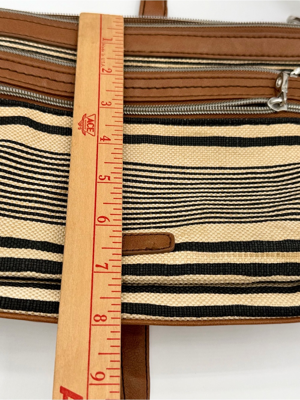 Relic Striped Canvas Crossbody Bag Tan Faux Leather Trim Multi Pocket Boho Purse - Picture 12 of 16